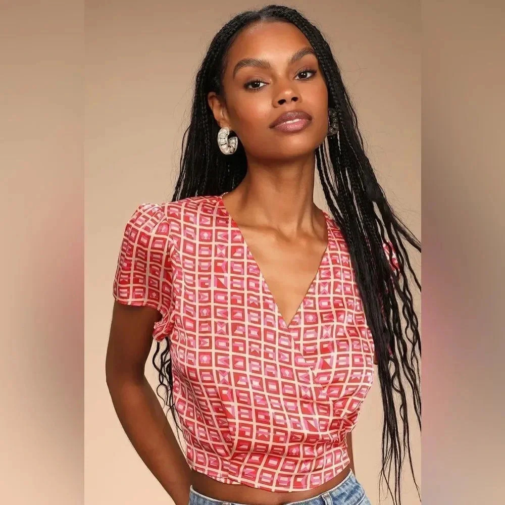 Lulus Red Multi Print Satin Short Sleeve Wrap Top - Picture 2 of 12